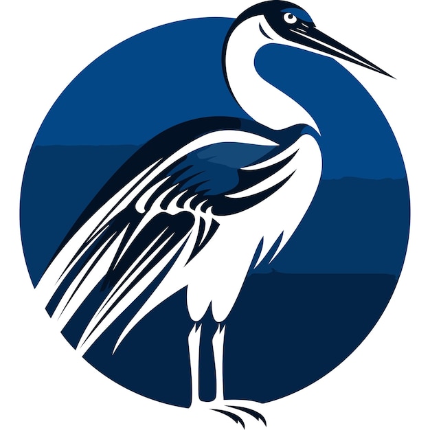 Vector a stylized heron in blue and white standing on a blue circle