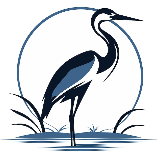 Vector a stylized heron silhouette standing in water with reeds set against a circular background