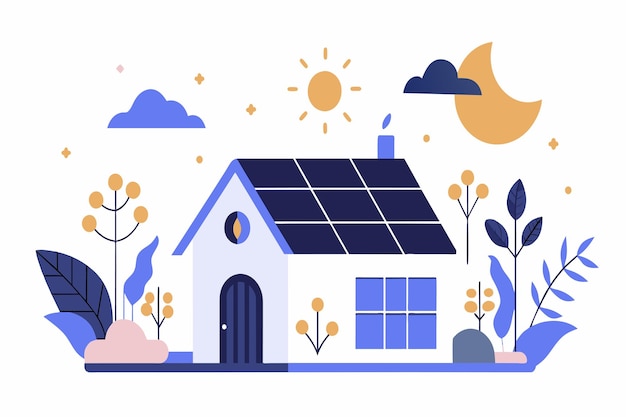 A stylized house with solar panels representing renewable energy day and night cycle