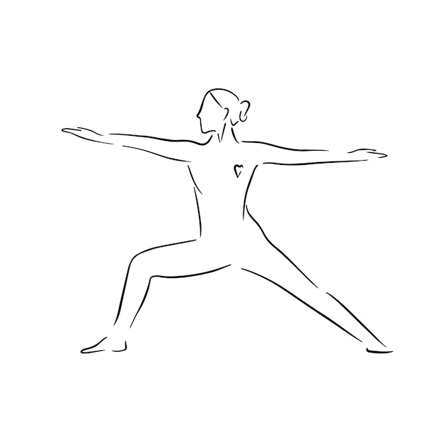 Stylized human in yoga warrior pose, virabhadrasana Vector illustration of lineart style. Yoga pose