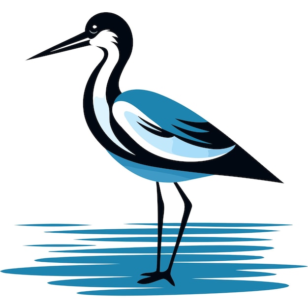 Stylized illustration of a blue bird standing on a water surface