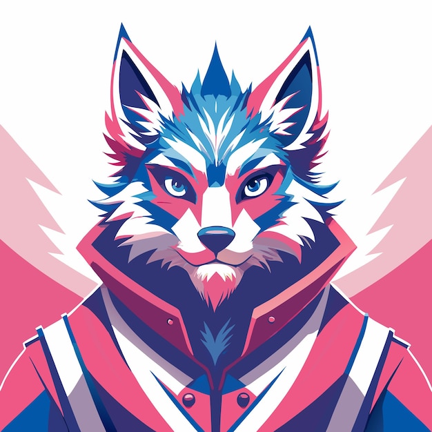 A stylized illustration of a blue and white wolf with a red collar