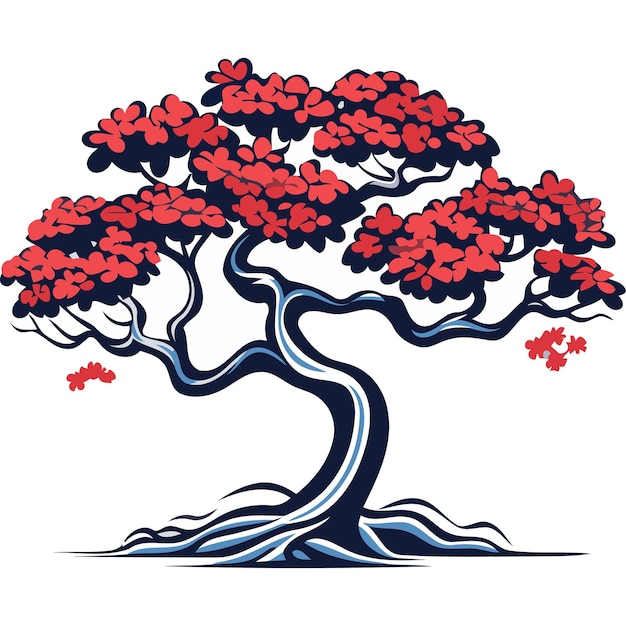 A stylized illustration of a bonsai tree with red leaves symbolizing growth resilience and balance