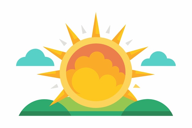 Vector a stylized illustration of a bright sun with clouds over green hills