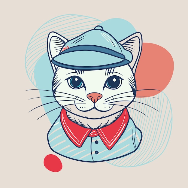 A stylized illustration of a cat wearing a cap and shirt