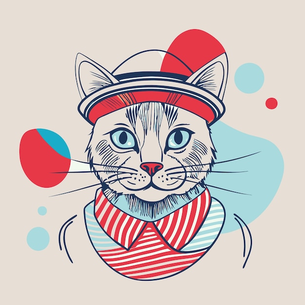 A stylized illustration of a cat wearing a hat and collar