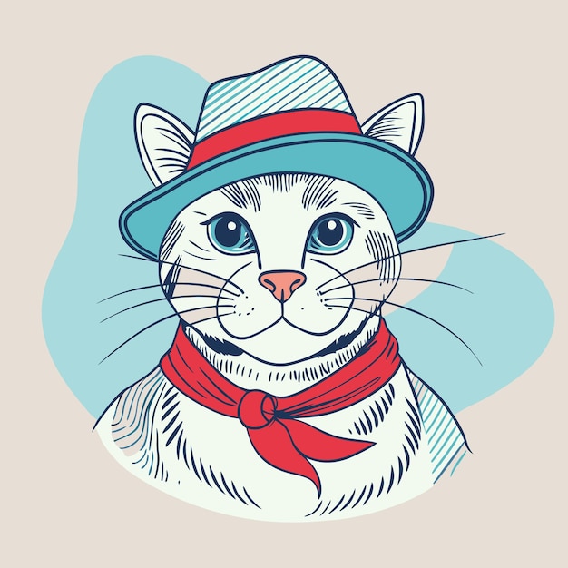 Vector a stylized illustration of a cat wearing a hat and scarf