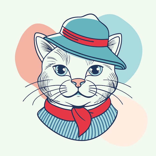 A stylized illustration of a cat wearing a hat and scarf