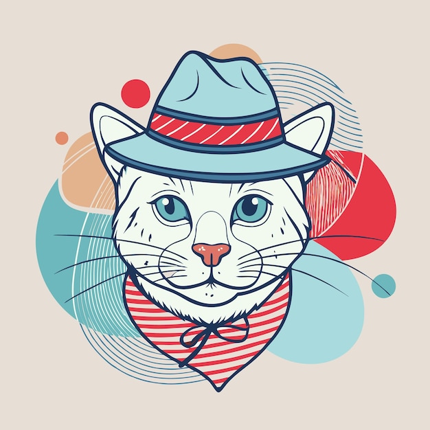 A stylized illustration of a cat wearing a hat and scarf