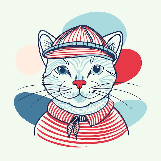 A stylized illustration of a cat wearing a striped shirt and hat