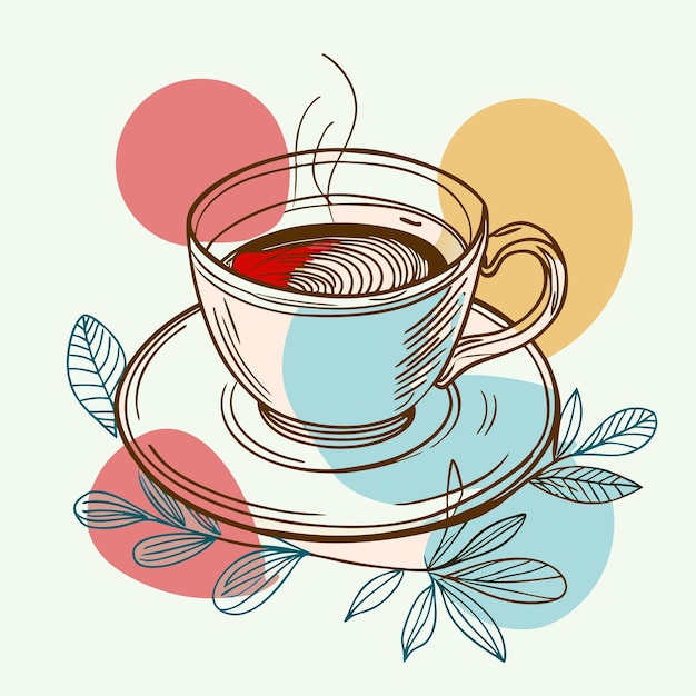 Vector a stylized illustration of a coffee cup on a saucer with leaves