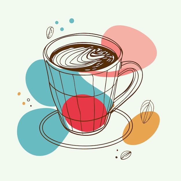 A stylized illustration of a coffee cup with abstract shapes