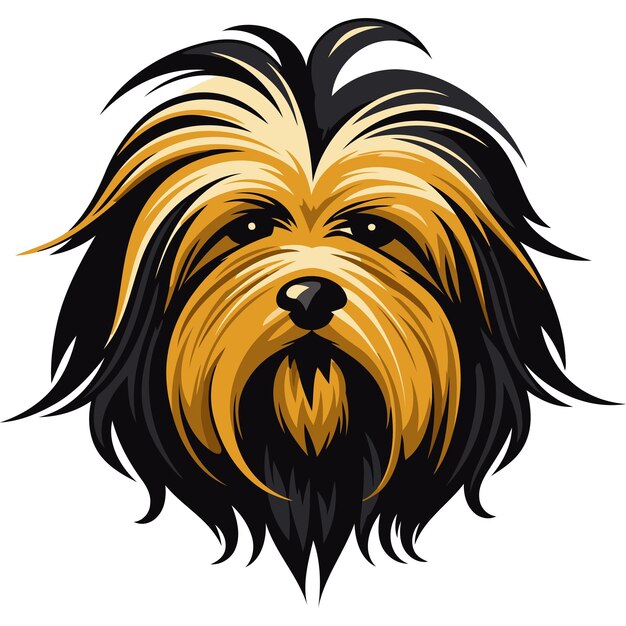 A stylized illustration of a cute fluffy dog with black and golden fur