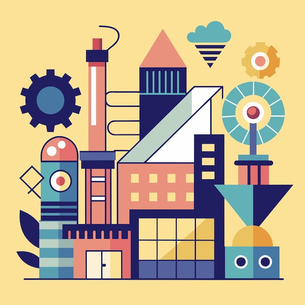 Vector a stylized illustration depicting a futuristic factory with geometric shapes and vibrant colors a design that captures the essence of manufacturing through minimalism