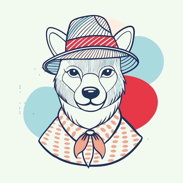 Vector a stylized illustration of a dog wearing a hat and bow tie