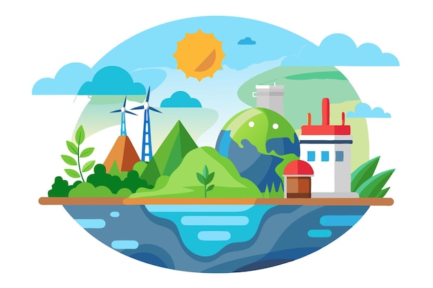 Vector a stylized illustration of a green earth with wind turbines buildings and a sunny sky