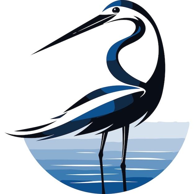 Stylized illustration of a heron in a blue and white color scheme standing in water