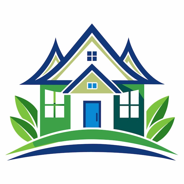 A stylized illustration of a house with a green roof blue door and lush landscaping The house is set against a white background