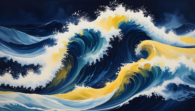 Stylized illustration of large powerful waves with vibrant yellow crests crashing in a dark blue ocean