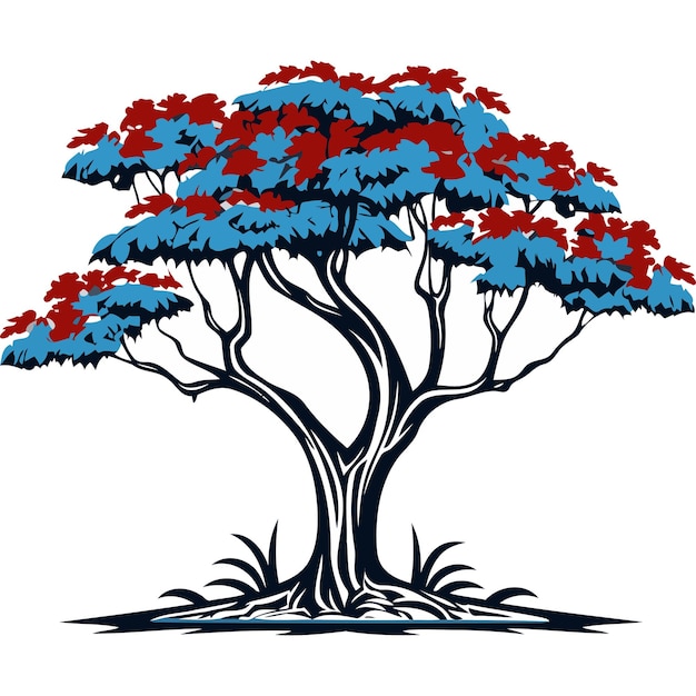 A stylized illustration of a majestic tree with blue and red leaves