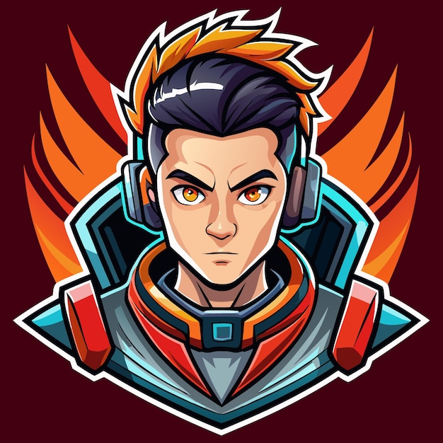 A stylized illustration of a man39s face with headphones and a fiery background