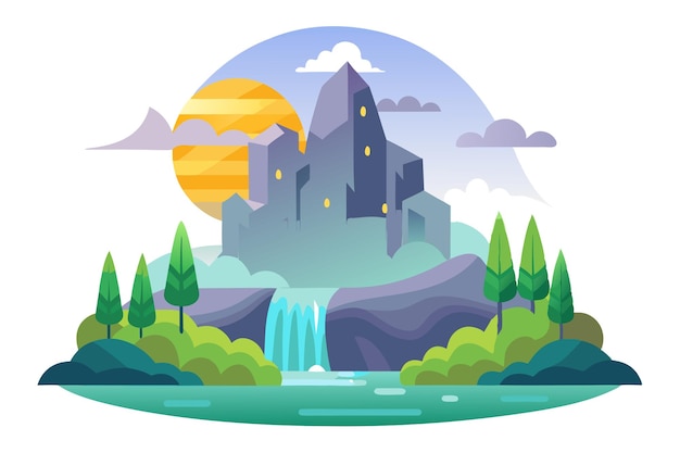 Vector a stylized illustration of a mountain city by a waterfall