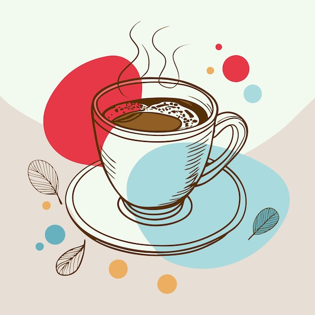 A stylized illustration of a steaming coffee cup on a saucer