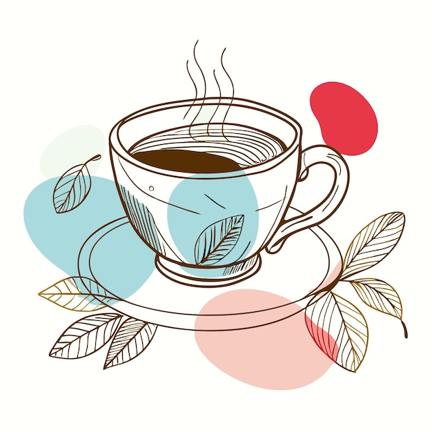 A stylized illustration of a steaming cup of coffee with leaves