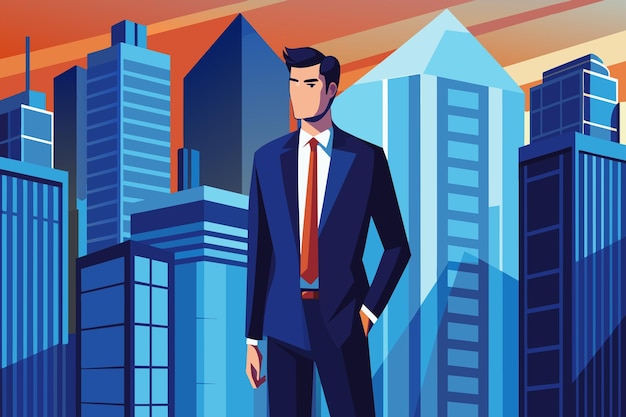 A stylized illustration of a suited man before urban skyline