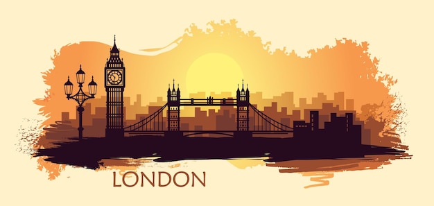 Stylized landscape of London with big Ben tower bridge and other attractions