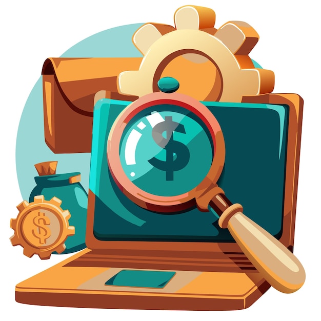 Vector a stylized laptop with a magnifying glass and money symbols