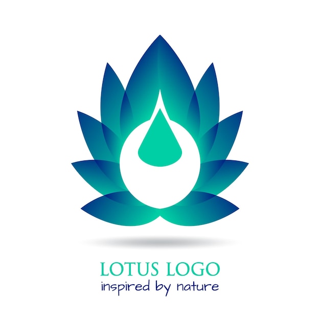 Stylized lotus flower with water drop as eco concept care by nature Floral design emblem logotype label for wellness industry spa or beauty salon Vector lotus logo template isolated on white