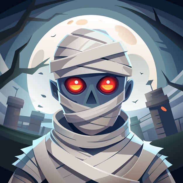 Vector a stylized mummy with glowing eyes against a full moon backdrop creating a spooky atmosphere