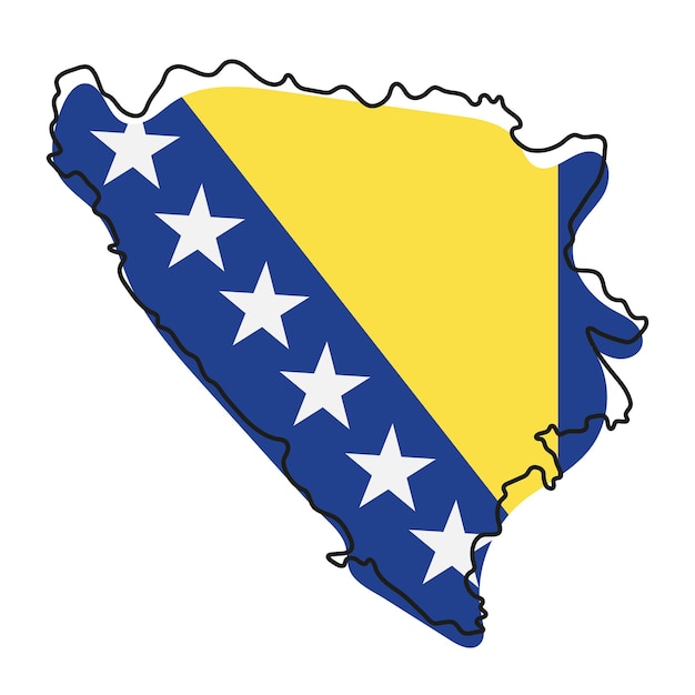 Stylized outline map of Bosnia and Herzegovina with national flag icon. Flag color map of Bosnia and Herzegovina vector illustration.