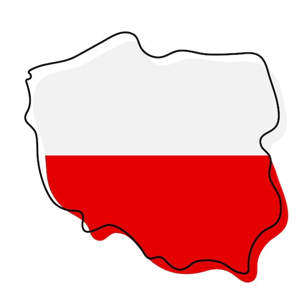 Stylized outline map of Poland with national flag icon. Flag color map of Poland vector illustration.