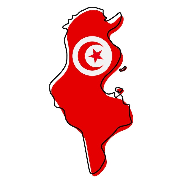 Stylized outline map of Tunisia with national flag icon. Flag color map of Tunisia vector illustration.