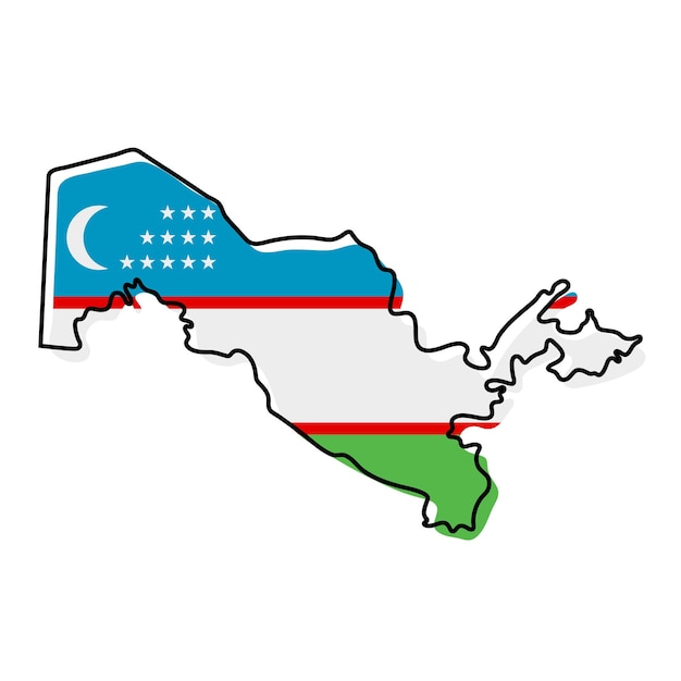 Stylized outline map of Uzbekistan with national flag icon. Flag color map of Uzbekistan vector illustration.