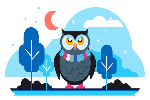 Stylized owl sits on a stump at night with moon and trees in the background