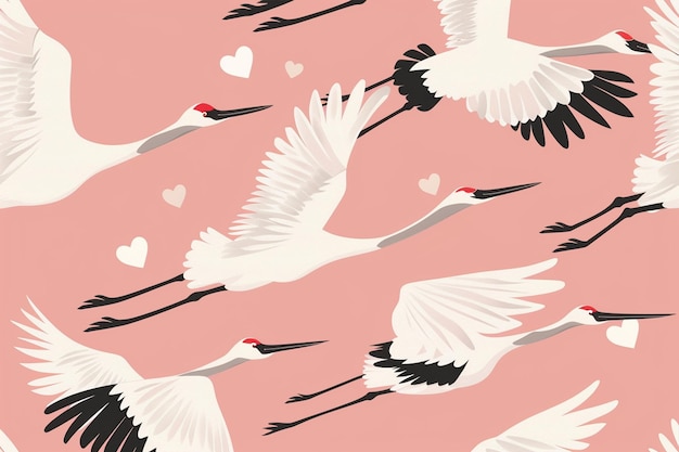 Vector stylized pattern featuring white cranes flying