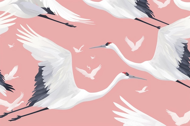 Vector stylized pattern featuring white cranes flying