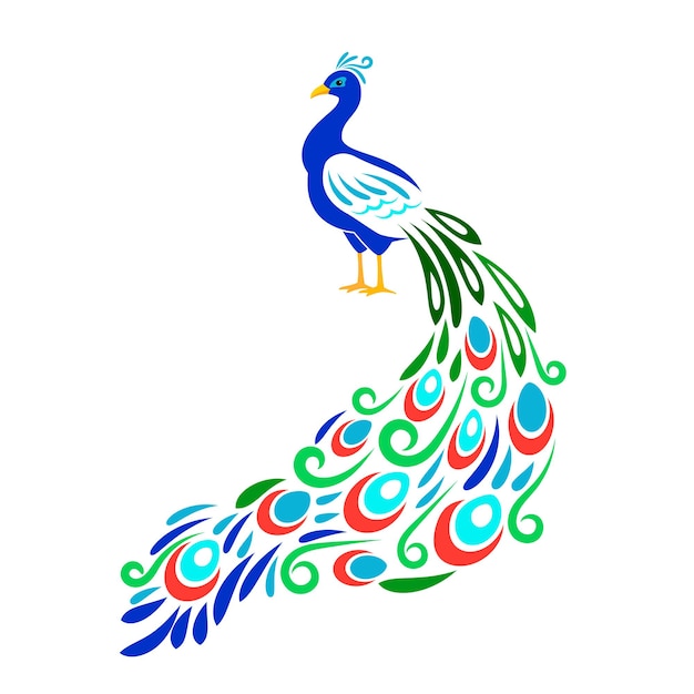 Stylized peacock. Color ornament peecoock animal with floral style tail feathers, cutting vector ornamental design isolated on white background