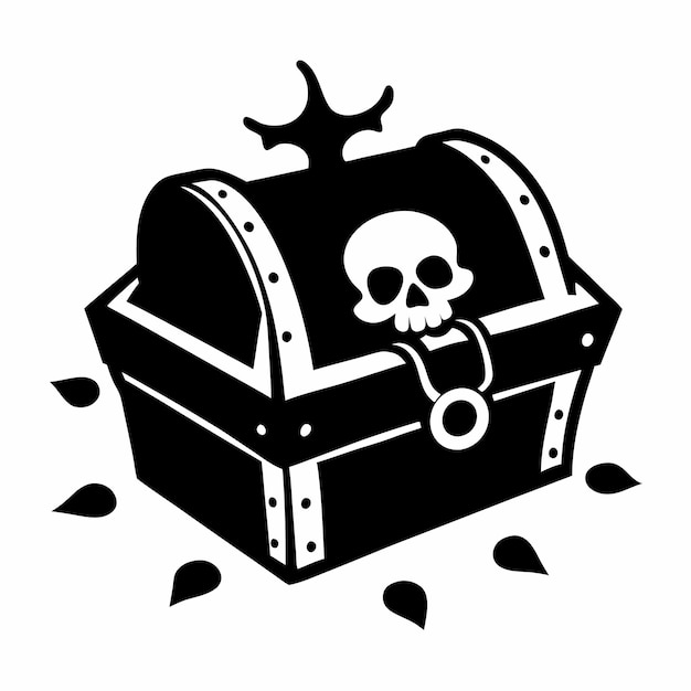 Vector stylized pirate treasure chest with skull and leaves icon