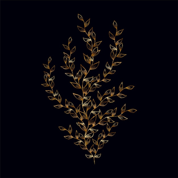 Stylized plant vector branches with a golden outline on a dark background Floral pattern element