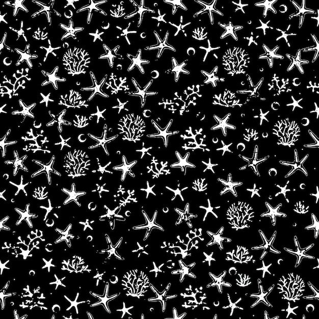 Stylized sea pattern with stars and seaweeds Seamless marne pattern