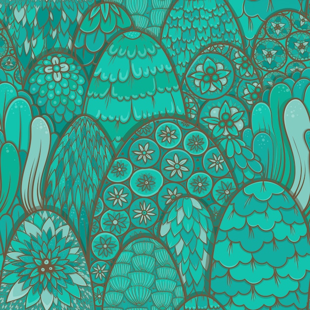 Stylized seamless pattern with turquoise trees and bushes. botanical background. Asian theme