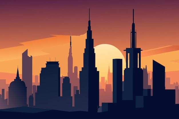 A stylized skyline with silhouetted skyscrapers against a vibrant sunset