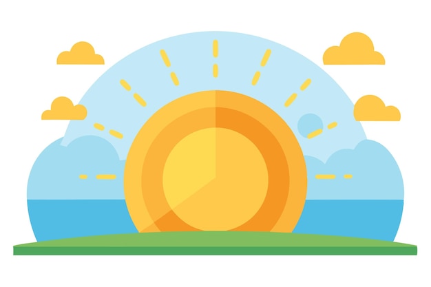 Vector stylized sun setting over water with clouds