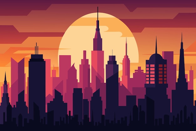 Stylized sunset silhouette of a city skyline against an orange sky