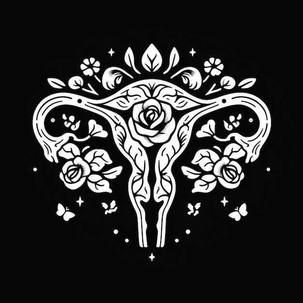 Vector stylized uterus with floral elements in black