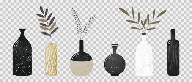 Vector stylized vases with abstract plant designs in neutral colors on a transparent background wall art